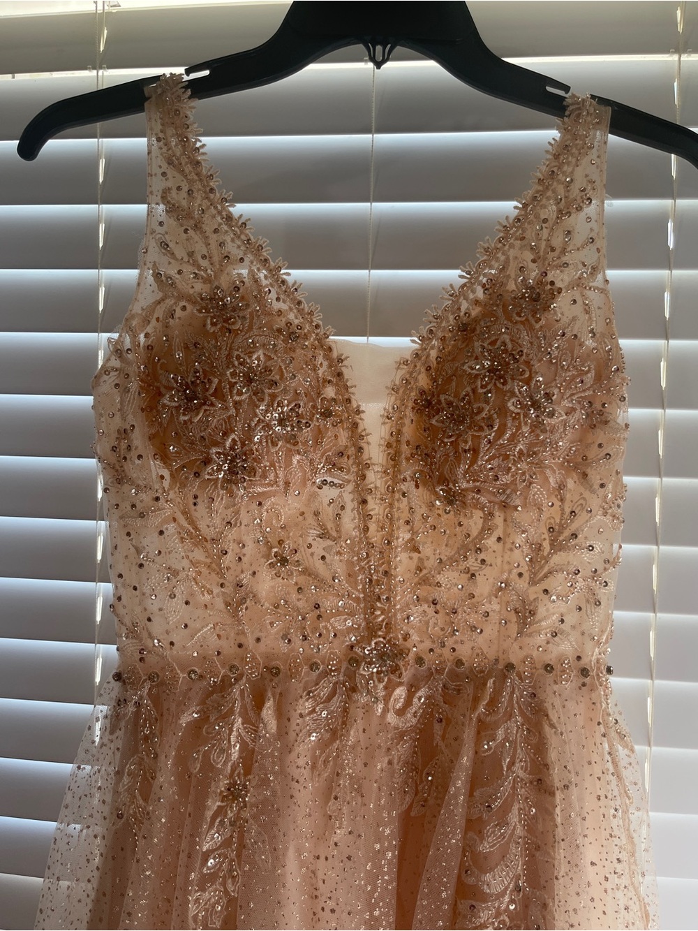 Embellished Blush/Champagne V-Neck Tulle Dress - Picture 3 of 3